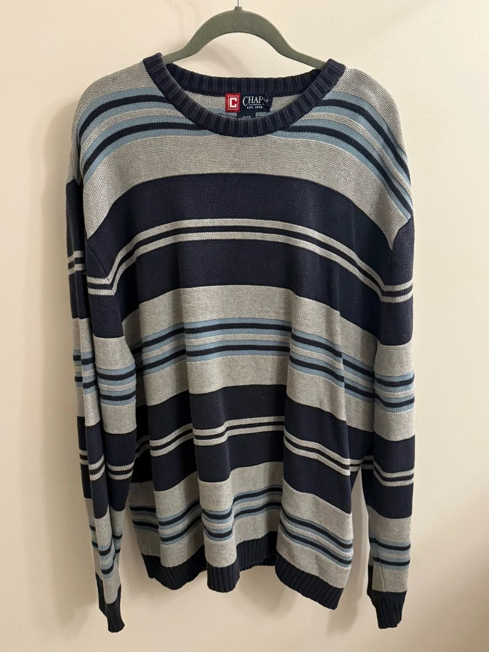 Chaps Men’s Navy, Light Gray & Light Blue Striped Crewneck Sweater